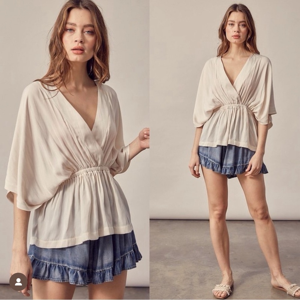 Women's Cream V-Neck Wrap Blouse with Elastic Waist
